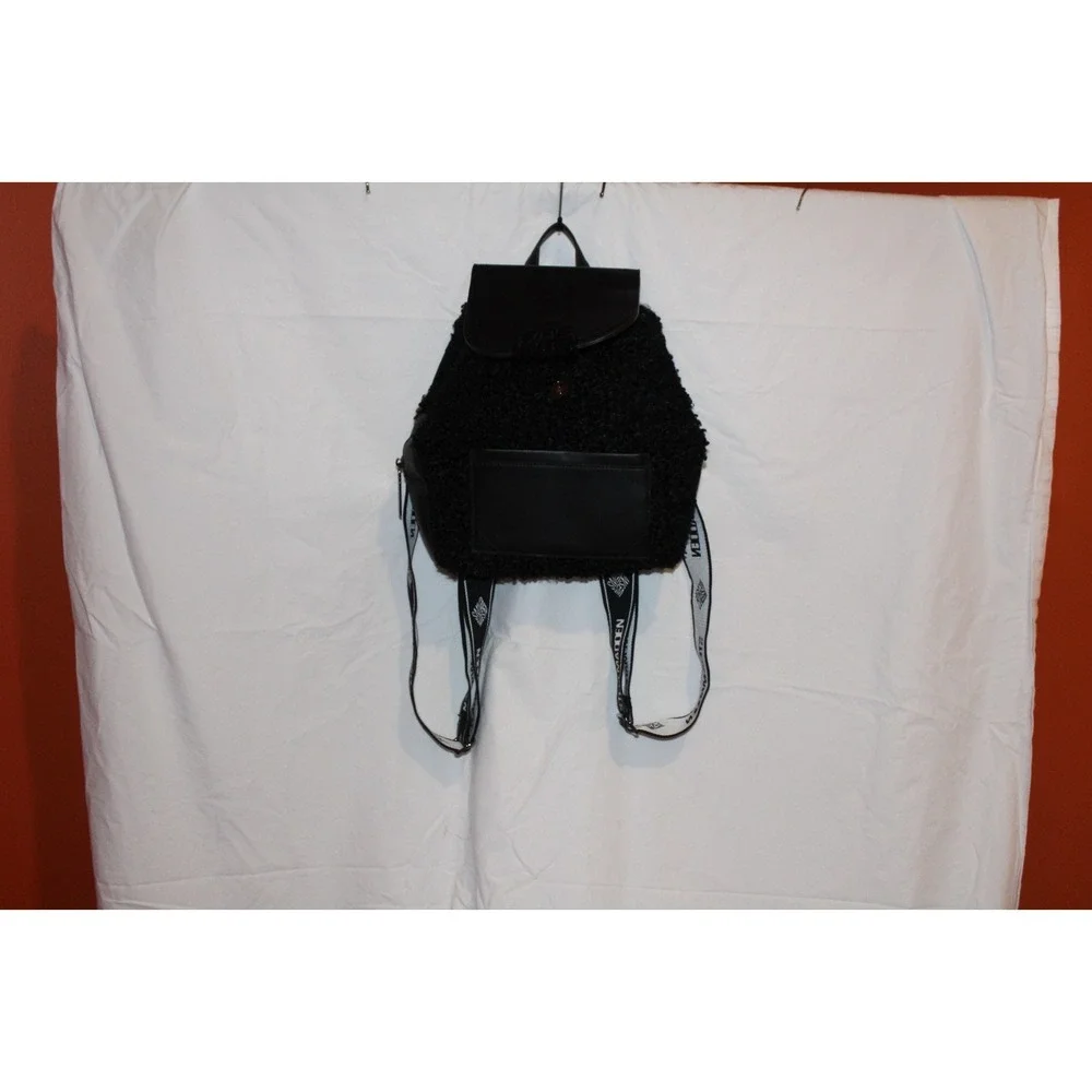 Steve Madden Black Sherpa Backpack Faux Leather Logo Strap Womens Bag